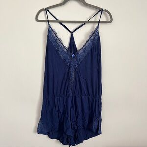 Victoria’s Secret Lace Cami Sleep One Piece Romper Navy Blue Size Large